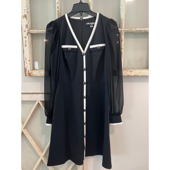 NWOT Karl Lagerfeld size 6 black dress with sheer sleeves and white trim - Picture 2 of 7